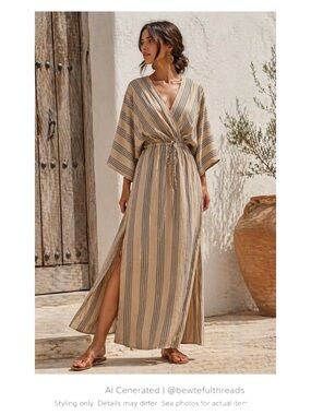 Neutral Stripe Kimono Maxi Dress Slit Waist Tie Resort Boho M